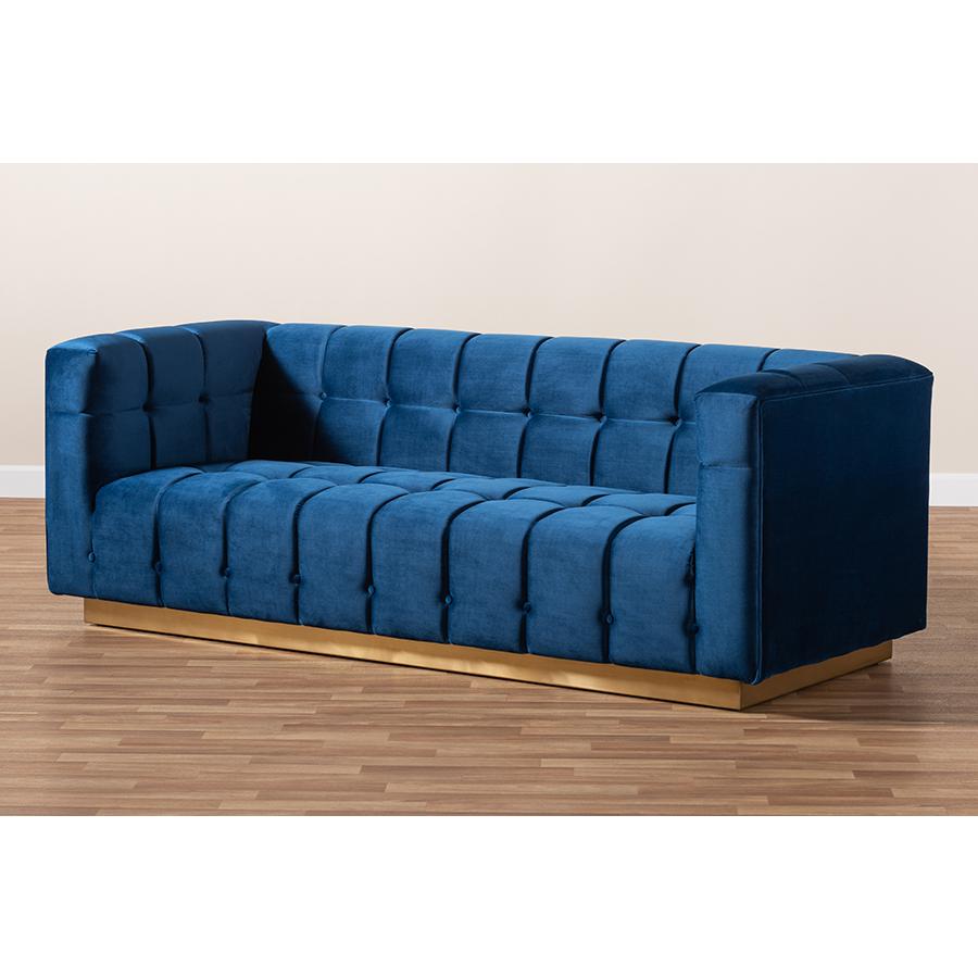 Luxe Navy Blue Velvet Fabric Upholstered Brushed Gold Finished Sofa. Picture 19