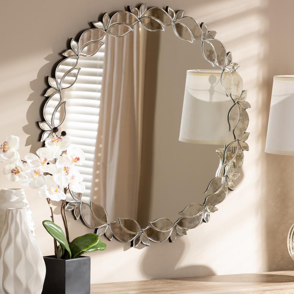 Luiza Modern and Contemporary Silver Finished Round Petal Leaf Accent Wall Mirror. Picture 5