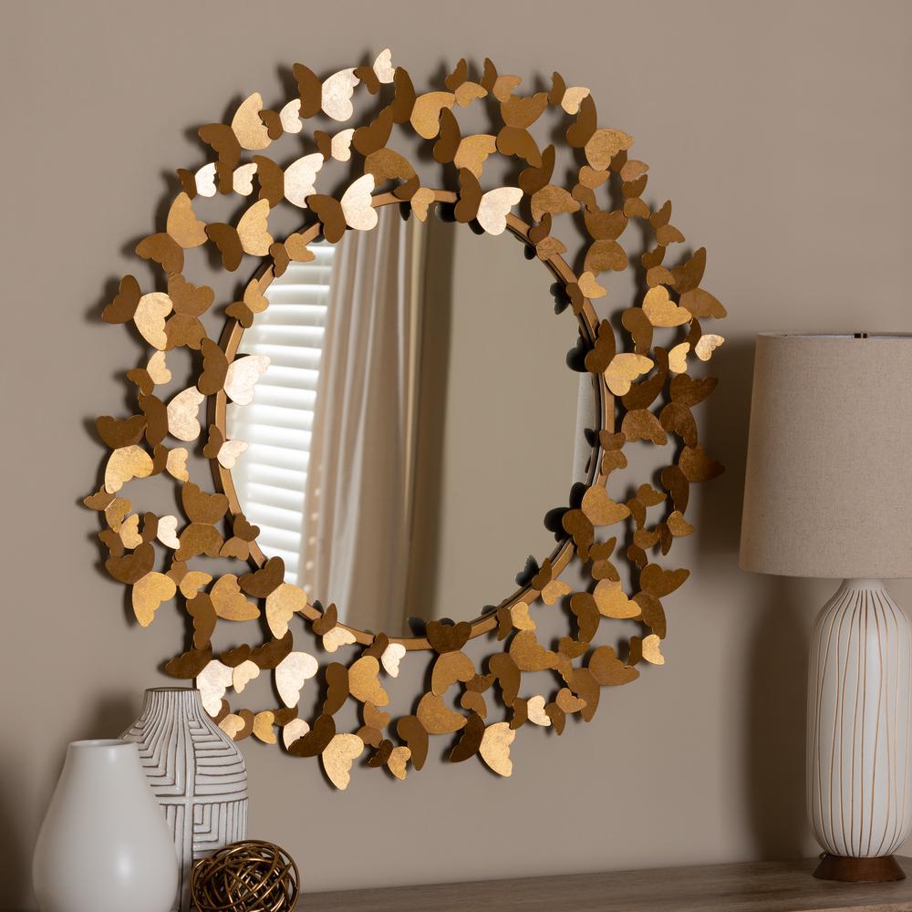 Soleil Modern and Contemporary Antique Gold Finished Butterfly Accent Wall Mirror. Picture 5