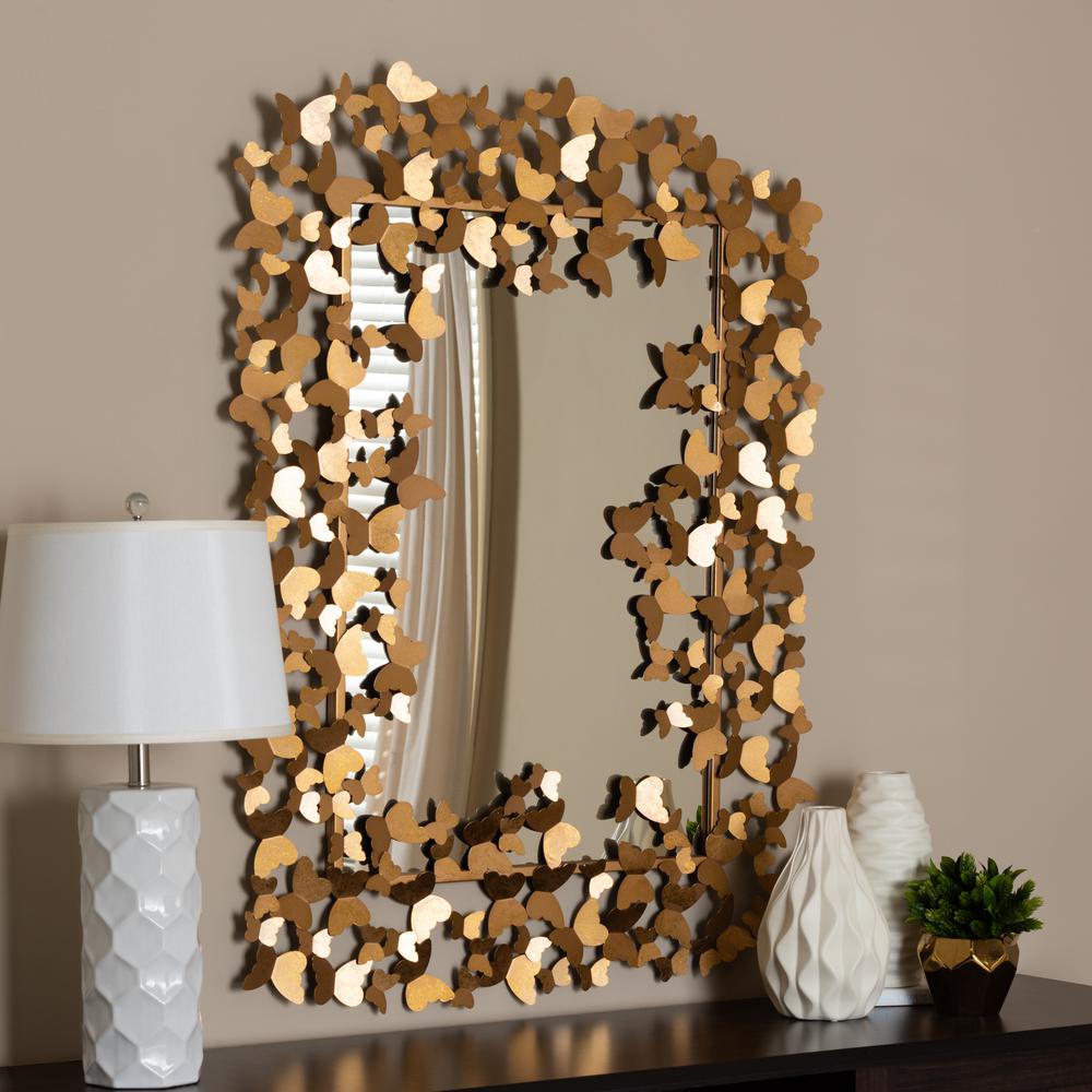 Idalia Modern and Contemporary Antique Gold Finished Butterfly Accent Wall Mirror. Picture 5