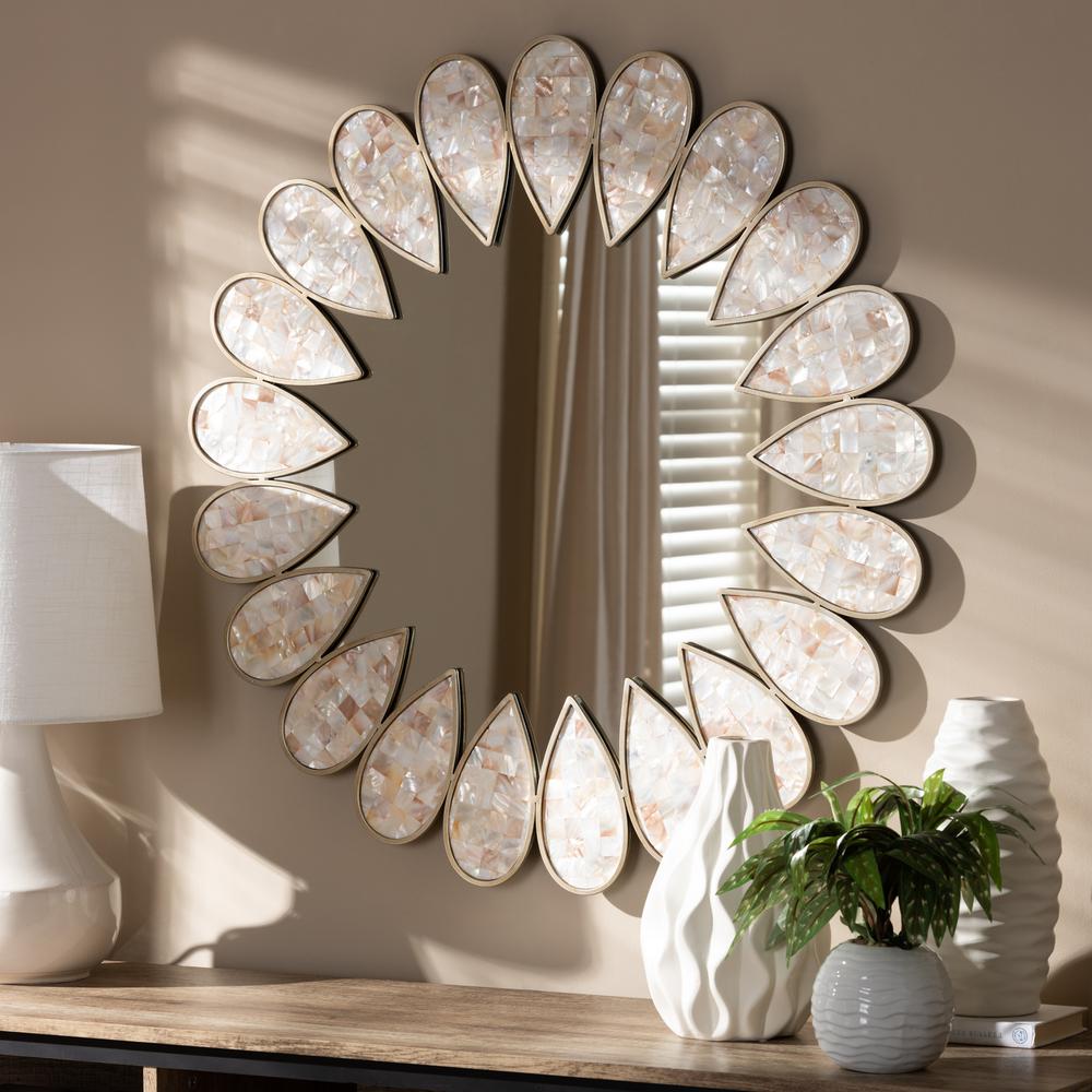 Savita Modern and Contemporary Antique Silver Finished Round Shell Petal Accent Wall Mirror. Picture 5