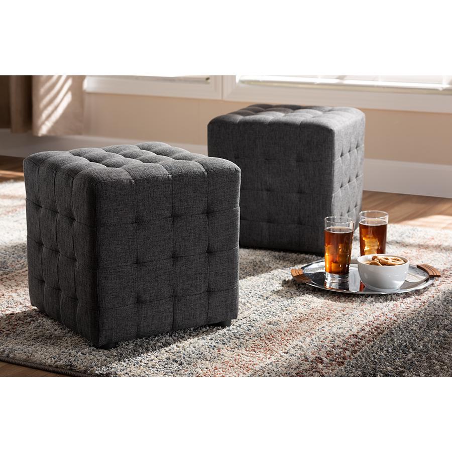 Dark Grey Fabric Upholstered Tufted Cube Ottoman Set of 2. Picture 13