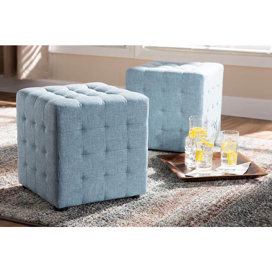 Light Blue Fabric Upholstered Tufted Cube Ottoman Set of 2. Picture 13