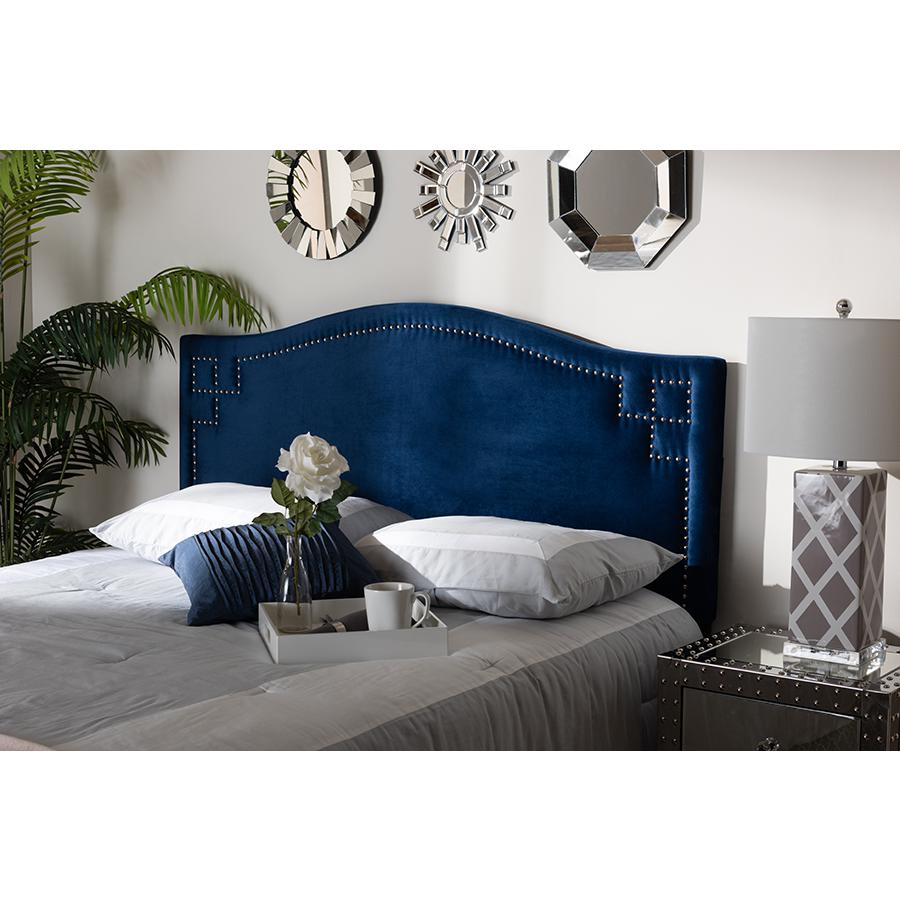 Royal Blue Velvet Fabric Upholstered Queen Size Headboard. Picture 9
