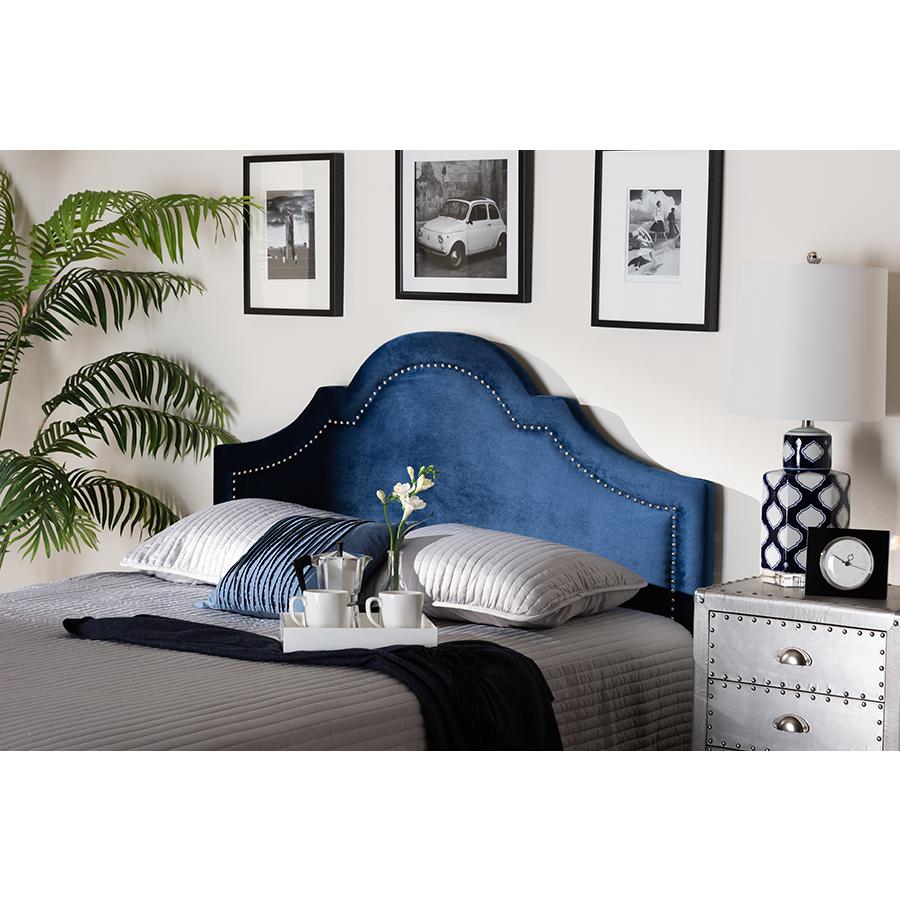 Navy Blue Velvet Fabric Upholstered Queen Size Headboard. Picture 4