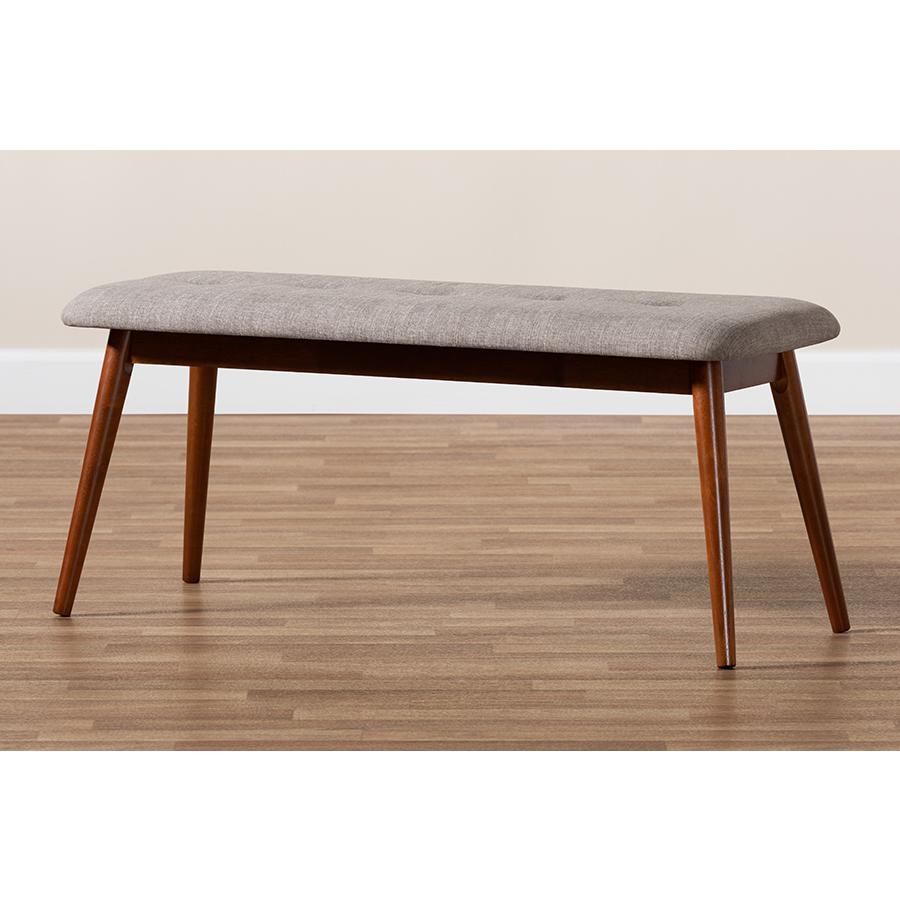 Light Grey Fabric Upholstered Medium Oak Finished Wood Dining Bench. Picture 17