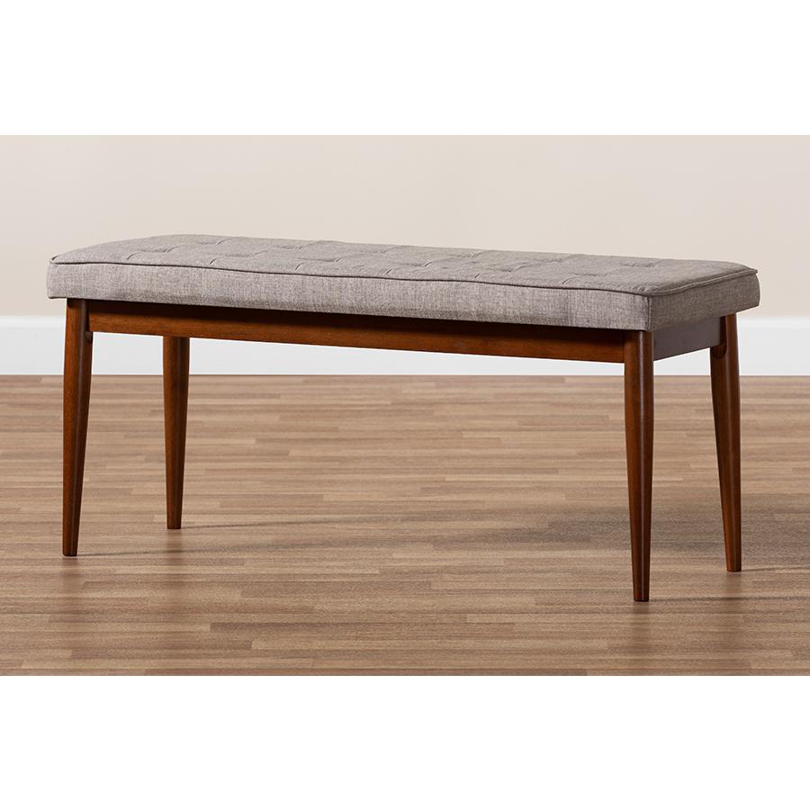 Light Grey Fabric Upholstered Medium Oak Finished Wood Dining Bench. Picture 17