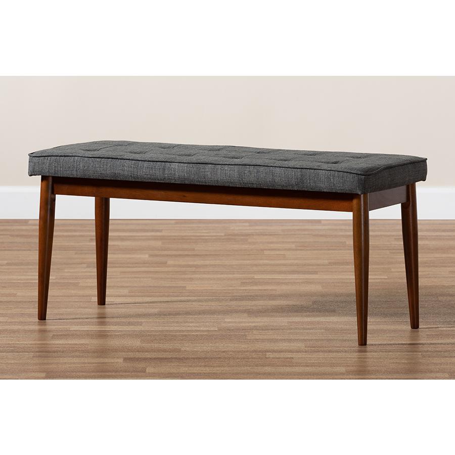 Dark Grey Fabric Upholstered Medium Oak Finished Wood Dining Bench. Picture 17