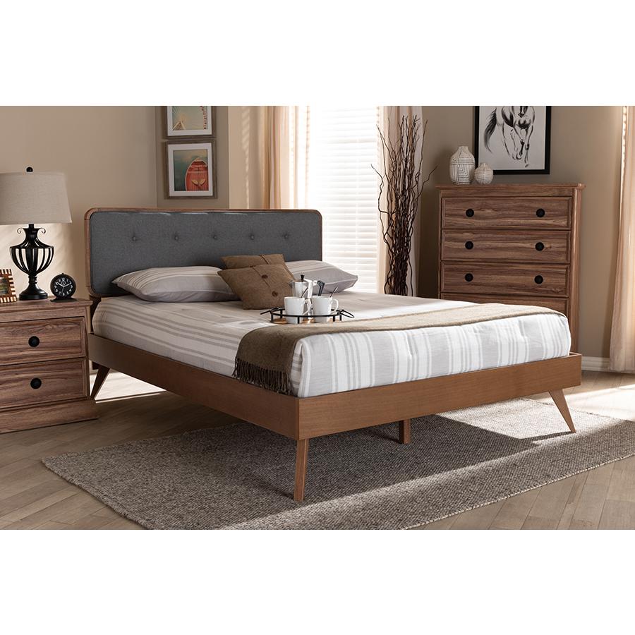 Dark Grey Fabric Upholstered Walnut Brown Finished Wood Full Size Platform Bed. Picture 21