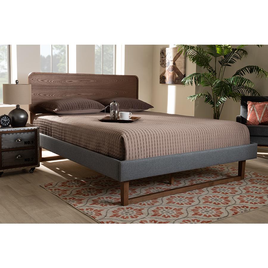 Dark Grey Fabric Upholstered Walnut Brown Finished Wood Full Size Platform Bed. Picture 21