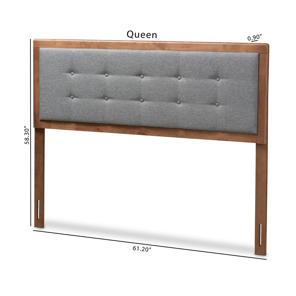 Dark Grey Fabric Upholstered Walnut Brown Finished Wood Queen Size Headboard. Picture 15