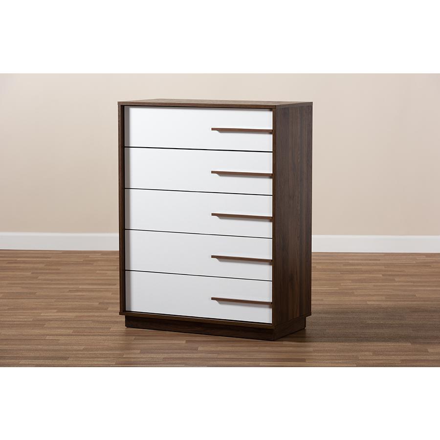 Mette Mid-Century Modern Two-Tone White and Walnut Finished 5-Drawer Wood Chest. Picture 17