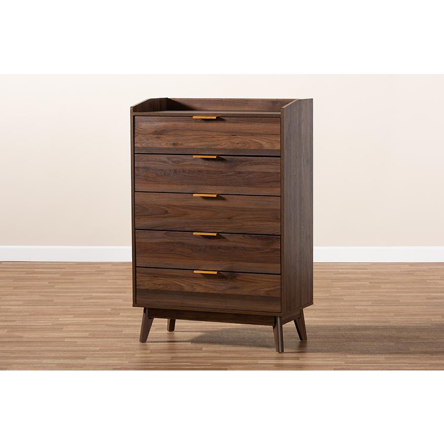 Lena Mid-Century Modern Walnut Brown Finished 5-Drawer Wood Chest. Picture 19