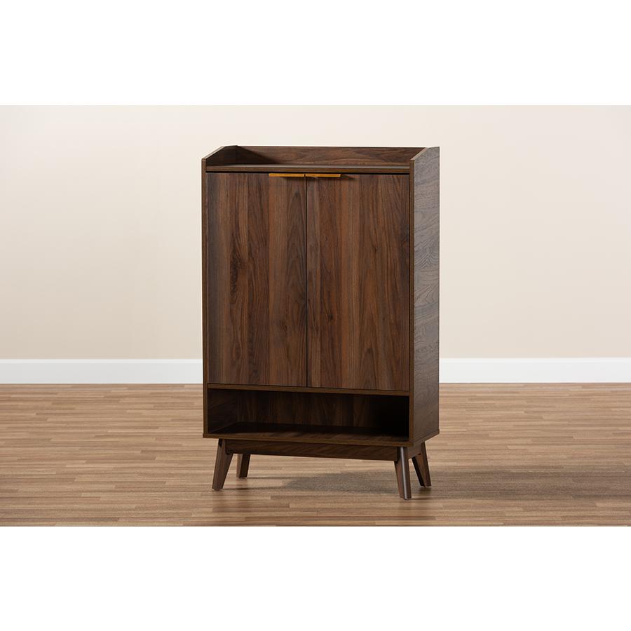 Lena Mid-Century Modern Walnut Brown Finished 5-Shelf Wood Entryway Shoe Cabinet. Picture 21