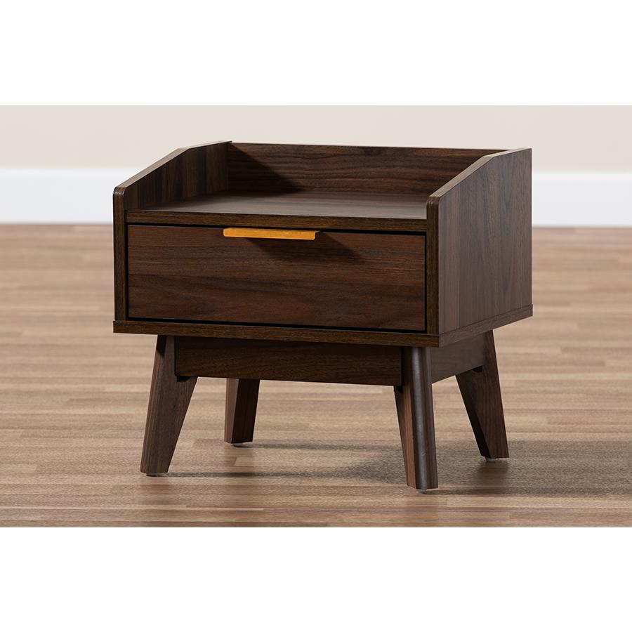 Lena Mid-Century Modern Walnut Brown Finished 1-Drawer Wood Nightstand. Picture 19