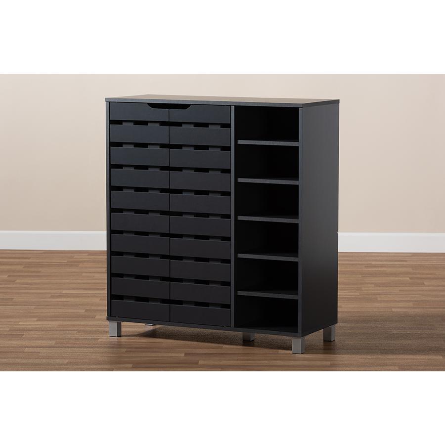 Dark Grey Finished 2-Door Wood Shoe Storage Cabinet with Open Shelves. Picture 21