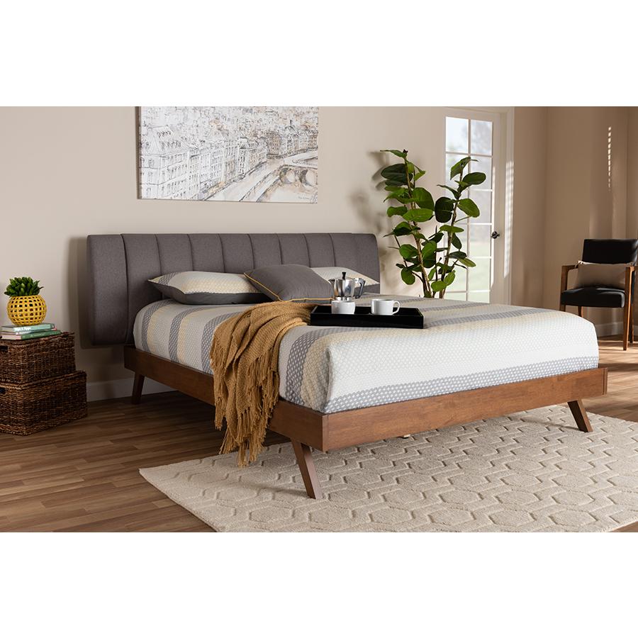 Baxton Studio Brita Mid-Century Modern Grey Fabric Upholstered Walnut Finished Wood King Size Bed. Picture 7