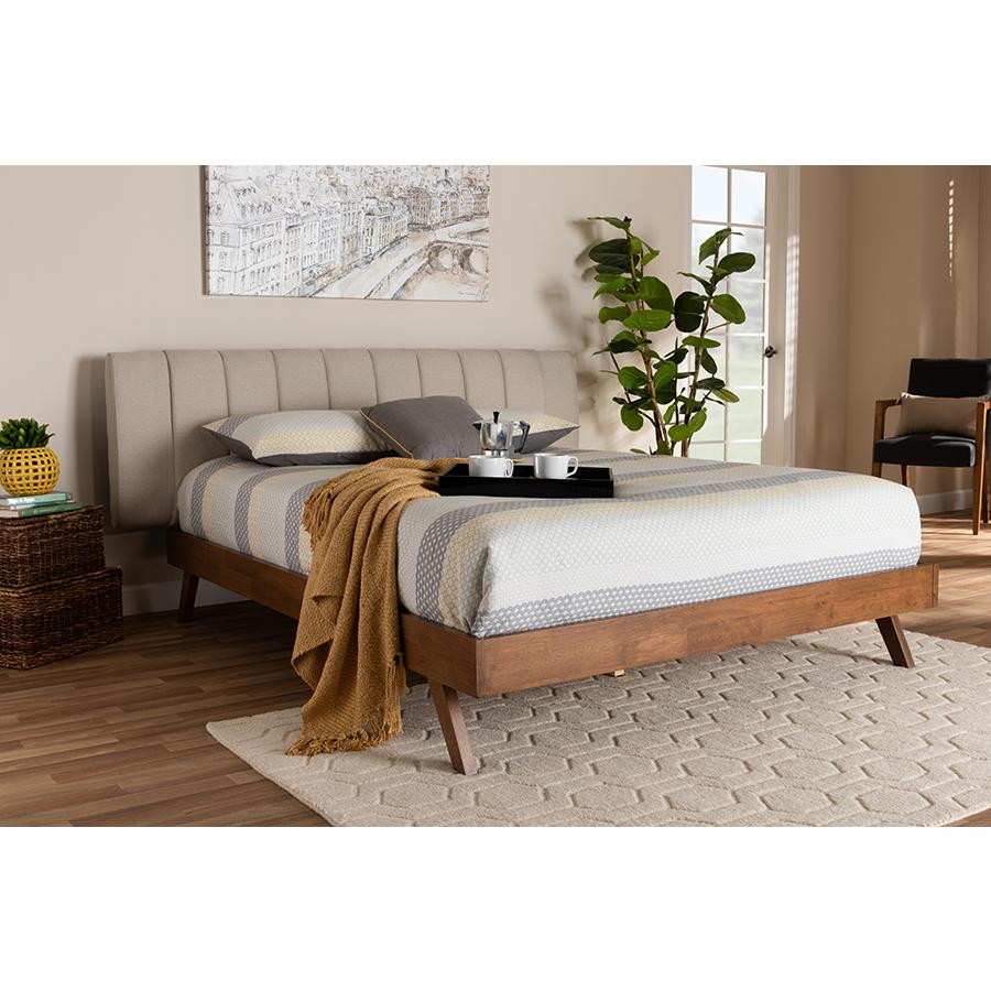 Baxton Studio Brita Mid-Century Modern Light Beige Fabric Upholstered Walnut Finished Wood King Size Bed. Picture 7
