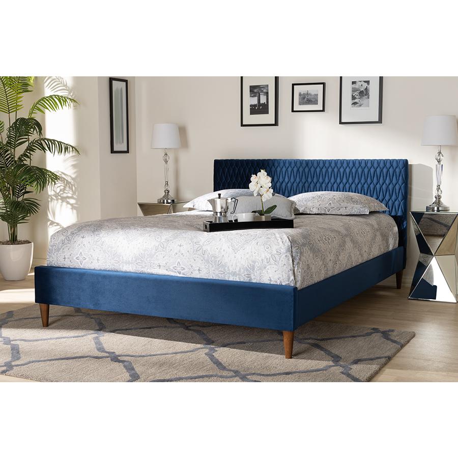Frida Glam and Luxe Royal Blue Velvet Fabric Upholstered Full Size Bed. Picture 19