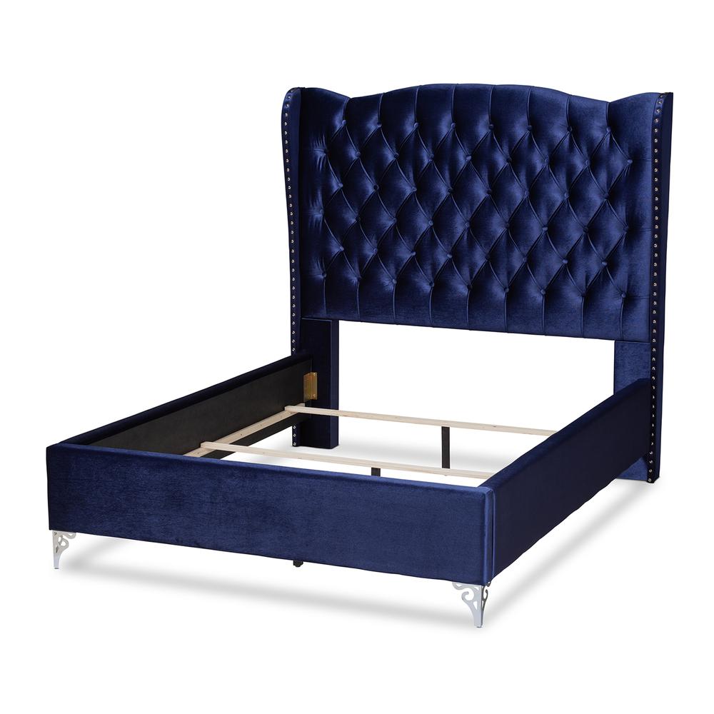 Hanne Glam and Luxe Purple Blue Velvet Fabric Upholstered King Size Wingback Bed. Picture 12