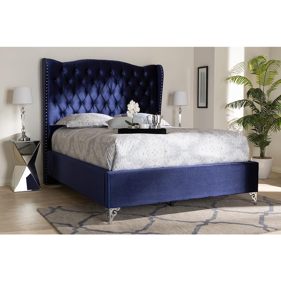 Luxe Purple Blue Velvet Fabric Upholstered Queen Size Wingback Bed. Picture 19