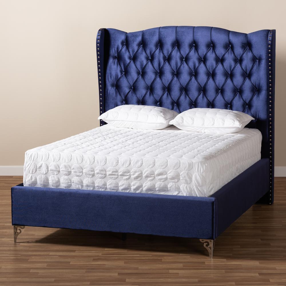 Hanne Glam and Luxe Purple Blue Velvet Fabric Upholstered King Size Wingback Bed. Picture 16