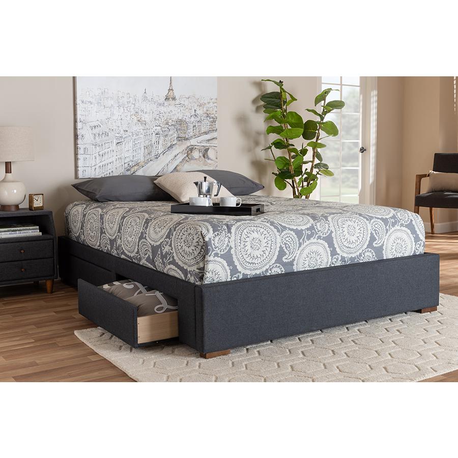 Baxton Studio Leni Modern and Contemporary Dark Grey Fabric Upholstered 4-Drawer King Size Platform Storage Bed Frame. Picture 9