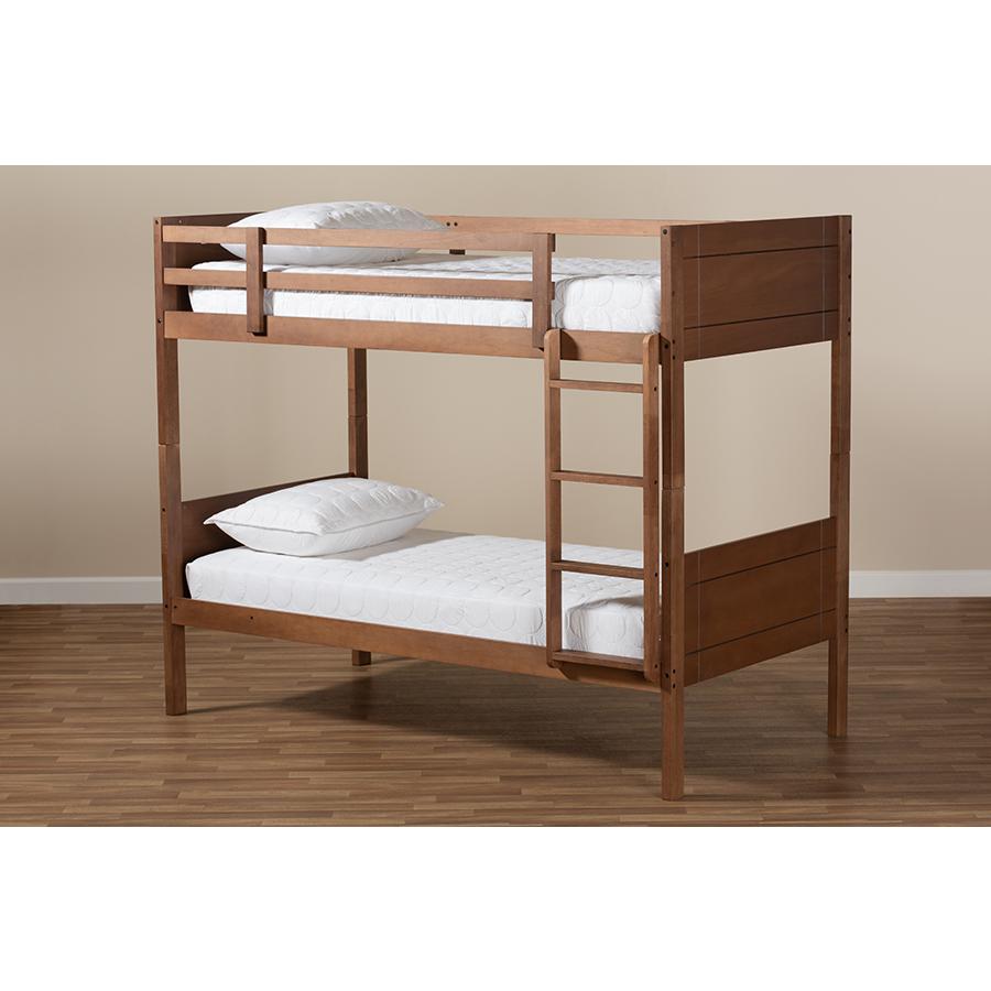 Elsie Modern and Contemporary Walnut Brown Finished Wood Twin Size Bunk Bed. Picture 15