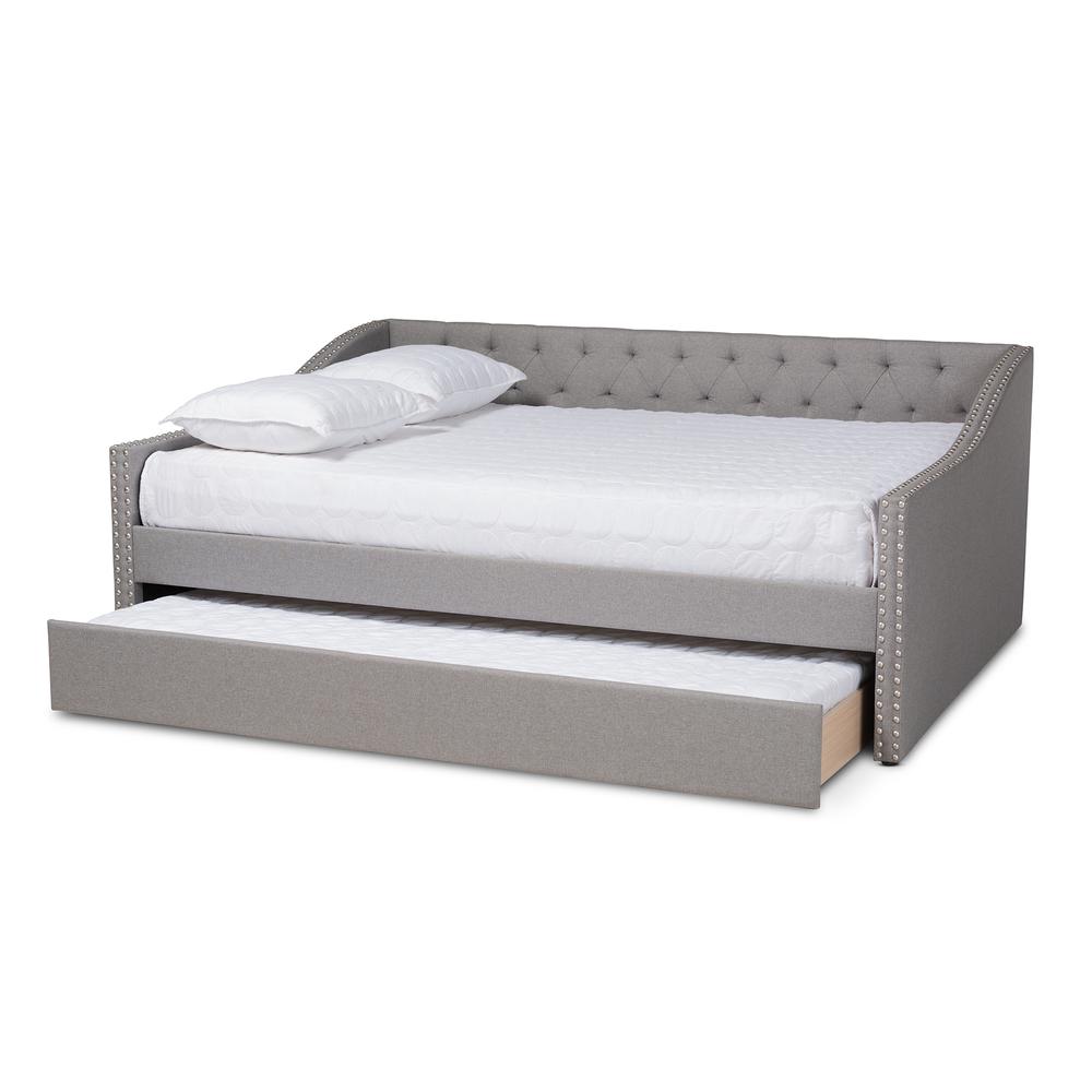 Light Grey Fabric Upholstered Queen Size Daybed with Roll-Out Trundle Bed. Picture 14