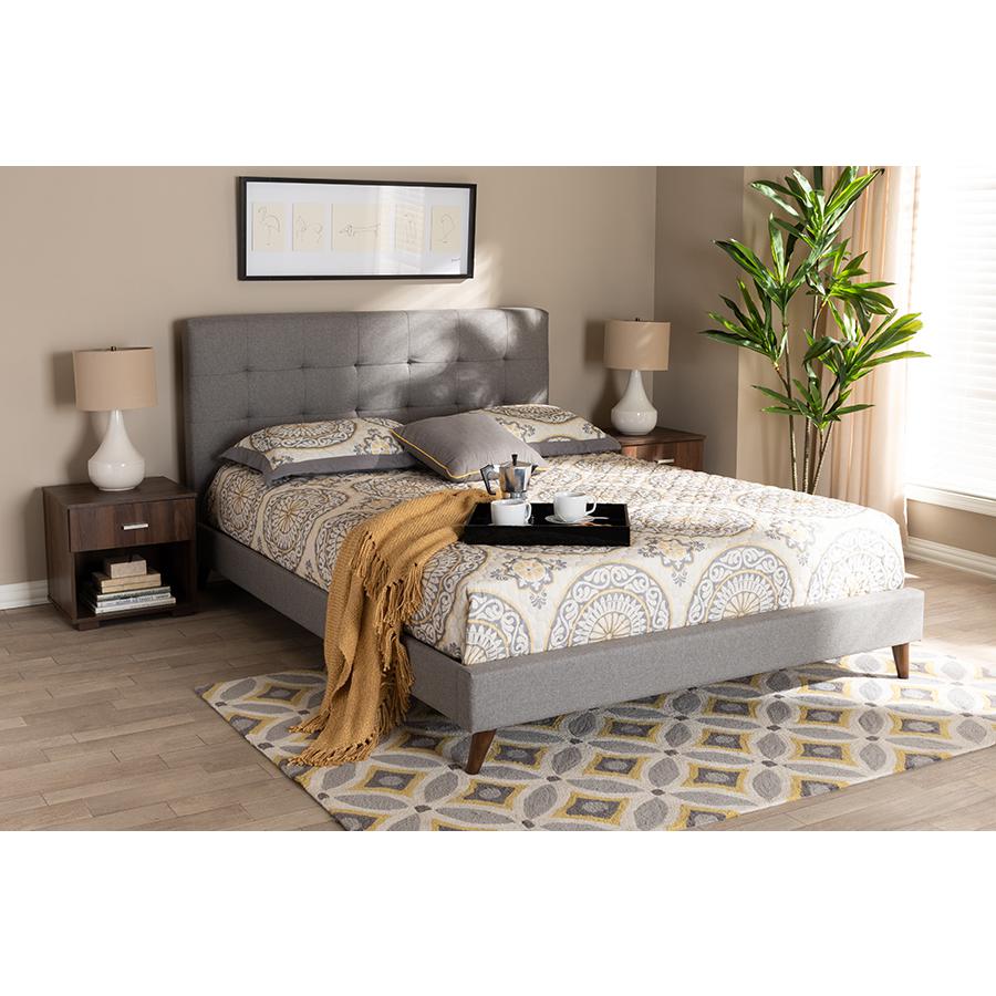 Baxton Studio Maren Mid-Century Modern Light Grey Fabric Upholstered Queen Size Platform Bed with Two Nightstands. Picture 9