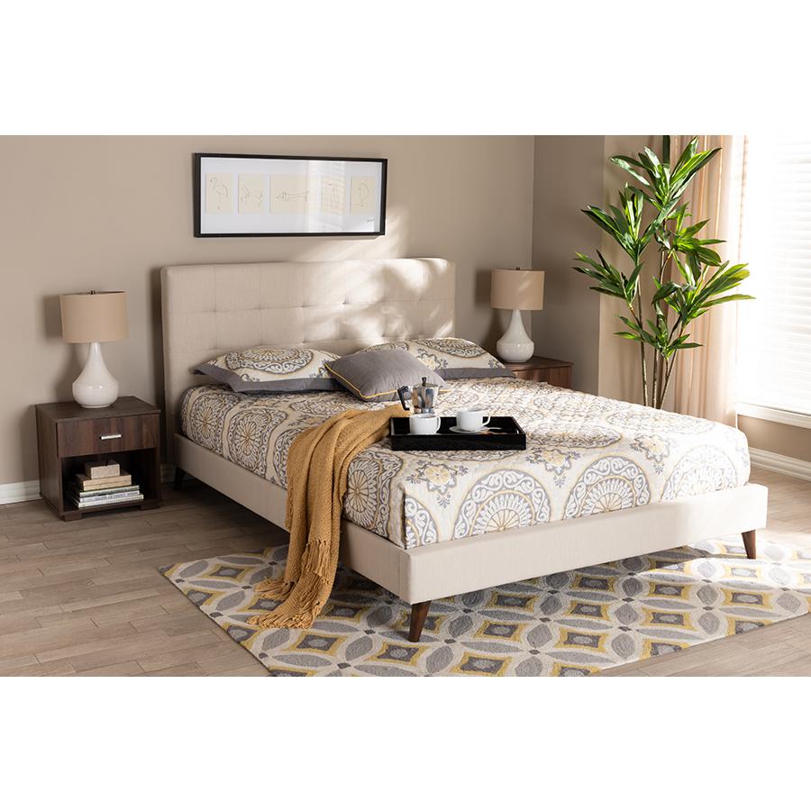 Baxton Studio Maren Mid-Century Modern Beige Fabric Upholstered Queen Size Platform Bed with Two Nightstands. Picture 9