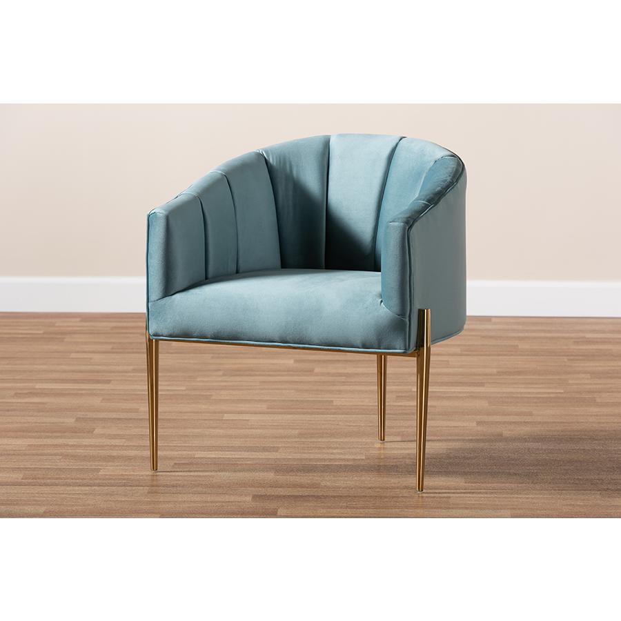 Luxe Light Blue Velvet Fabric Upholstered Gold Finished Accent Chair. Picture 19