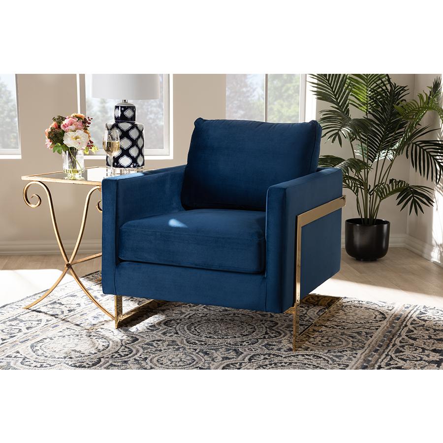Matteo Glam and Luxe Royal Blue Velvet Fabric Upholstered Gold Finished Armchair. Picture 19