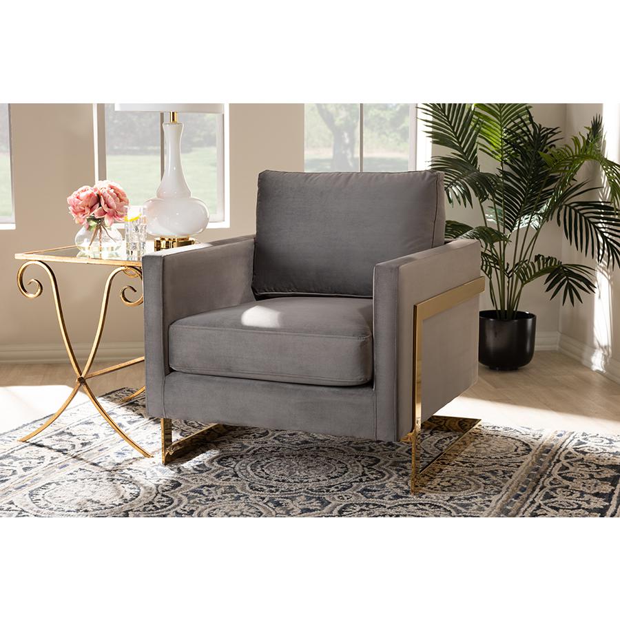 Matteo Glam and Luxe Grey Velvet Fabric Upholstered Gold Finished Armchair. Picture 19
