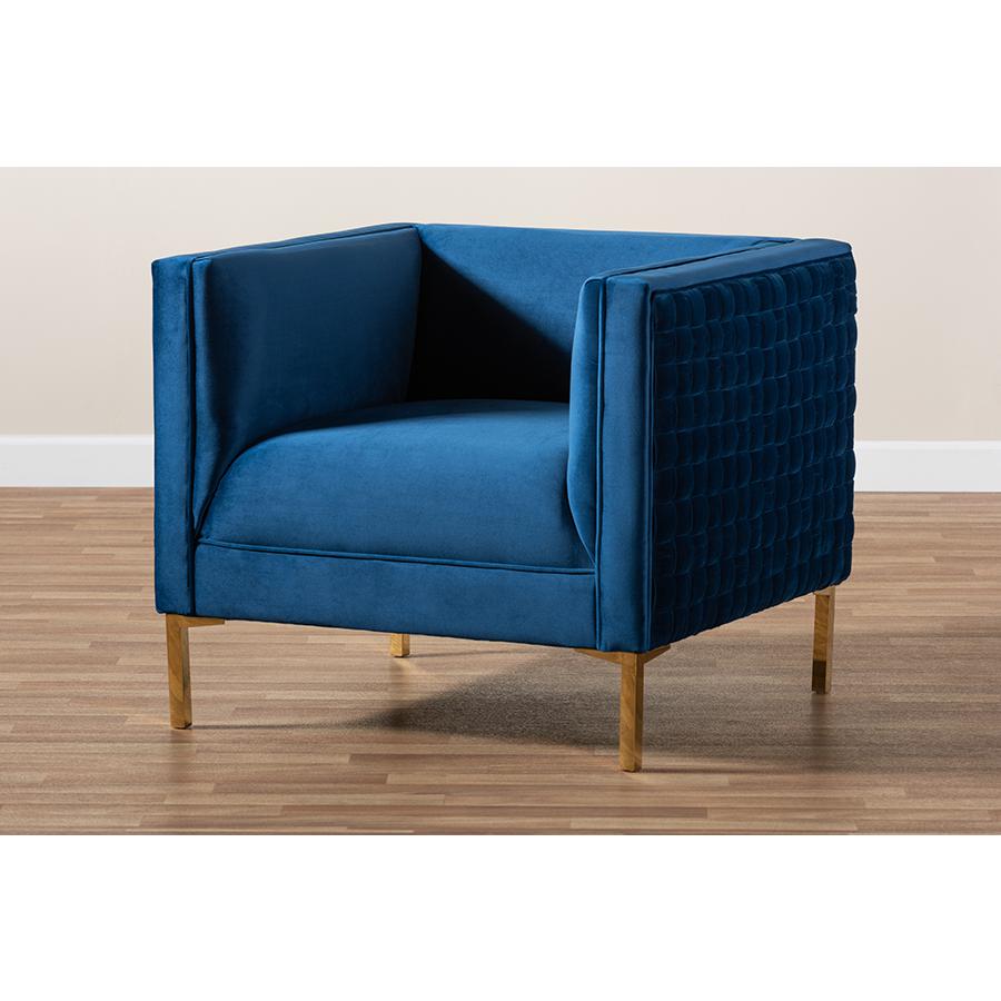 Luxe Navy Blue Velvet Fabric Upholstered Gold Finished Armchair. Picture 19