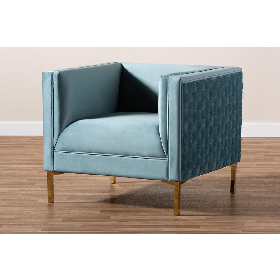 Luxe Light Blue Velvet Fabric Upholstered Gold Finished Armchair. Picture 19