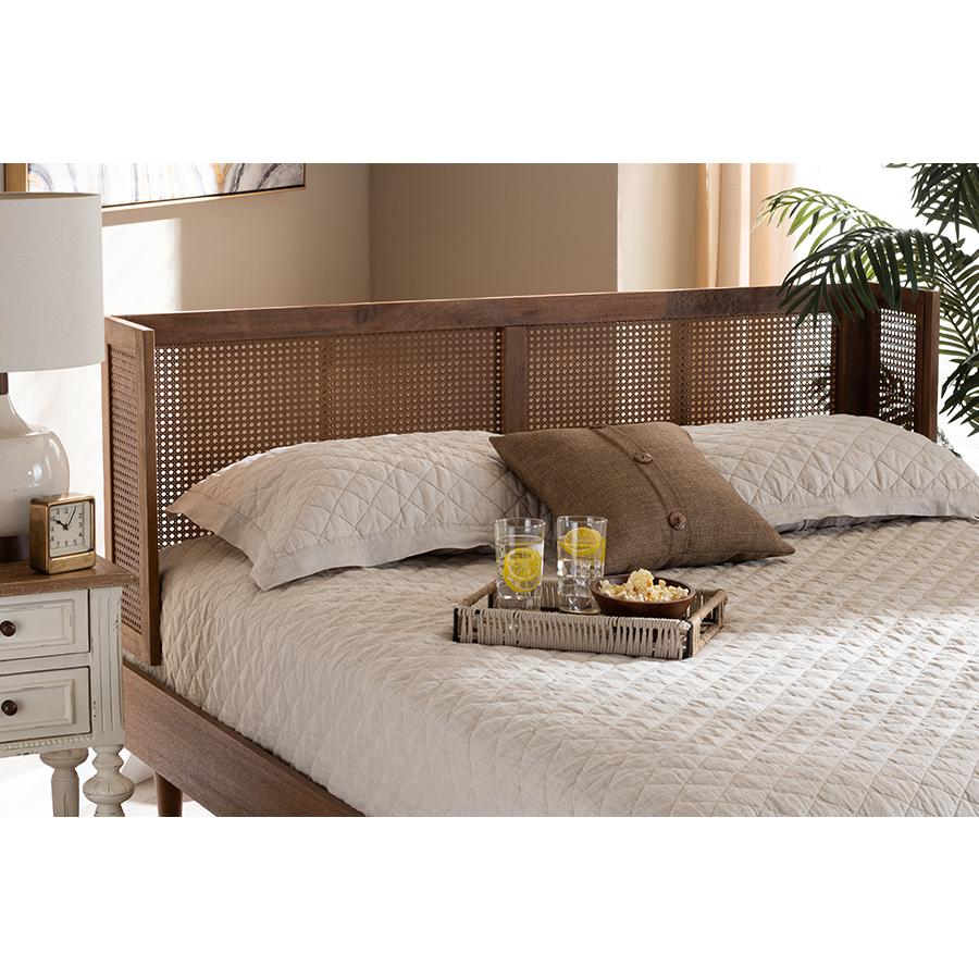 Ash Wanut Finished Wood and Synthetic Rattan Queen Size Wrap-Around Headboard. Picture 4