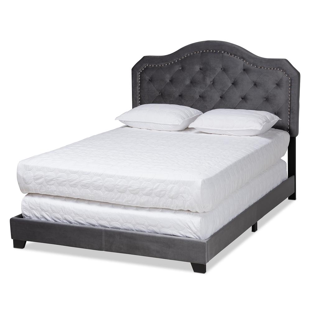 Baxton Studio Samantha Modern and Contemporary Grey Velvet Fabric Upholstered Queen Size Button Tufted Bed. Picture 12