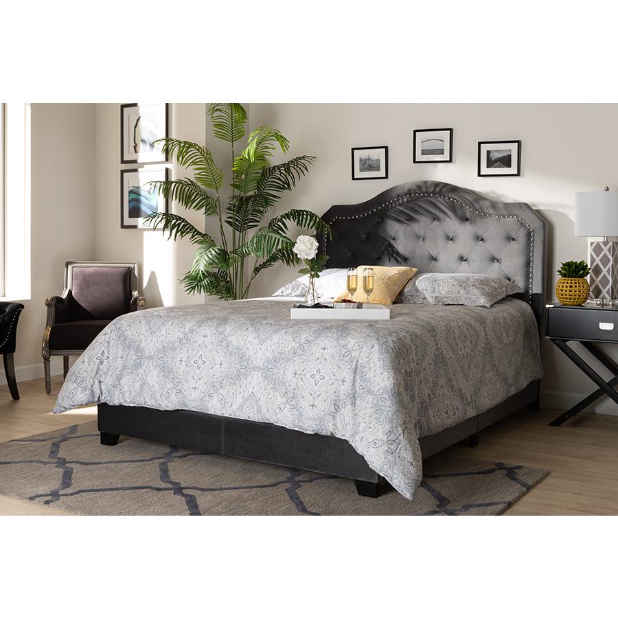 Baxton Studio Samantha Modern and Contemporary Grey Velvet Fabric Upholstered Queen Size Button Tufted Bed. Picture 2