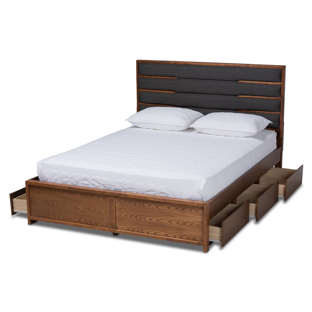 Baxton Studio Elin Modern and Contemporary Dark Grey Fabric Upholstered Walnut Finished Wood King Size Platform Storage Bed with Six Drawers. Picture 16