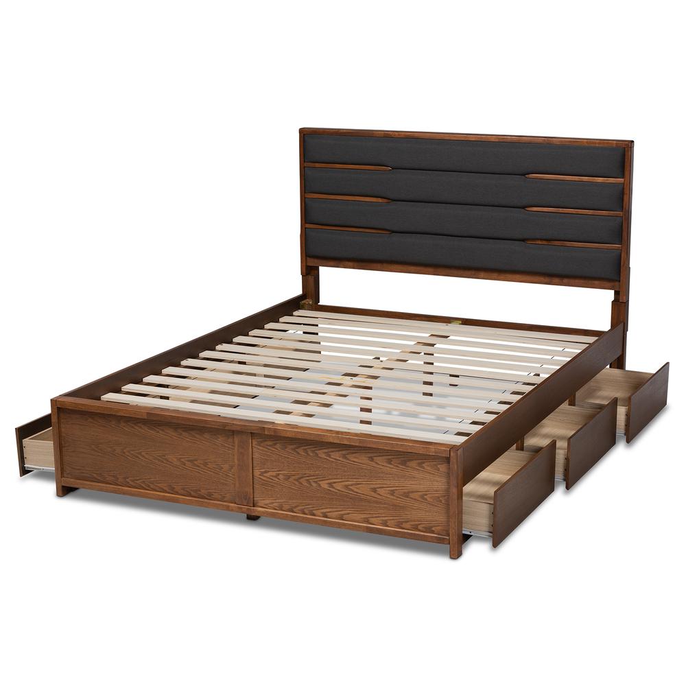 Baxton Studio Elin Modern and Contemporary Dark Grey Fabric Upholstered Walnut Finished Wood King Size Platform Storage Bed with Six Drawers. Picture 19