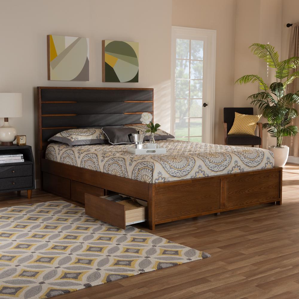 Baxton Studio Elin Modern and Contemporary Dark Grey Fabric Upholstered Walnut Finished Wood King Size Platform Storage Bed with Six Drawers. Picture 23