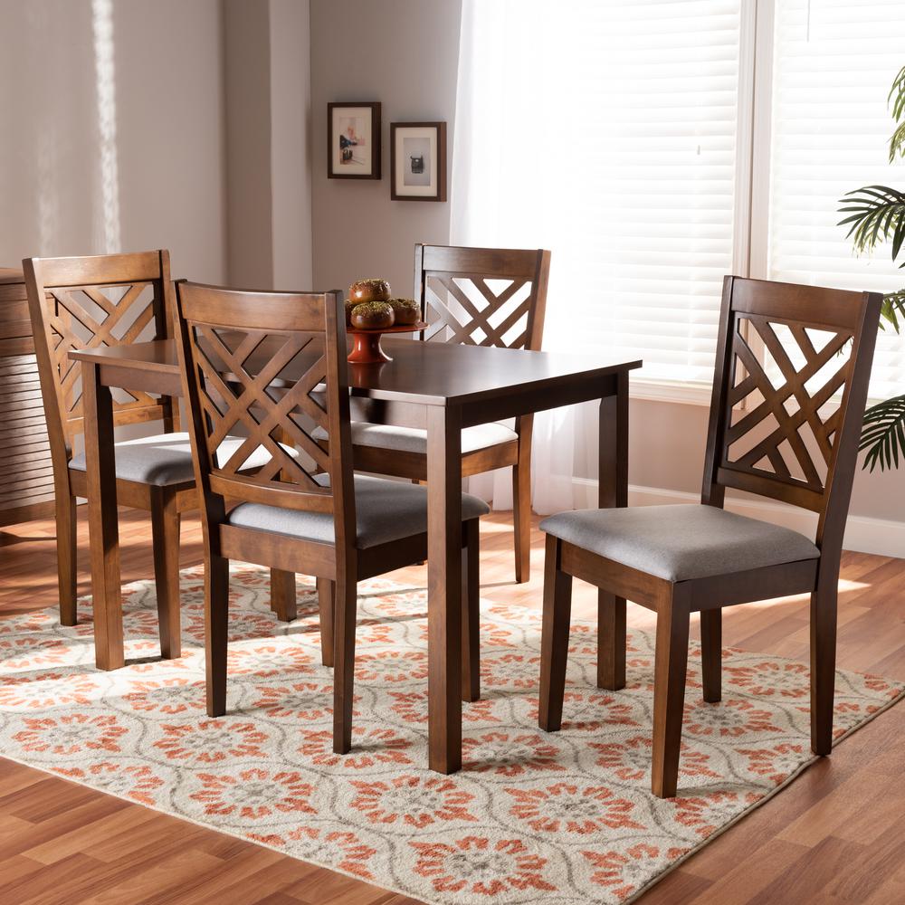 Baxton Studio Caron Modern and Contemporary Grey Fabric Upholstered Walnut Brown Finished Wood 5-Piece Dining Set. Picture 20