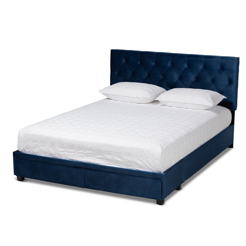 Navy Blue Velvet Fabric Upholstered 2-Drawer King Size Platform Storage Bed. Picture 13