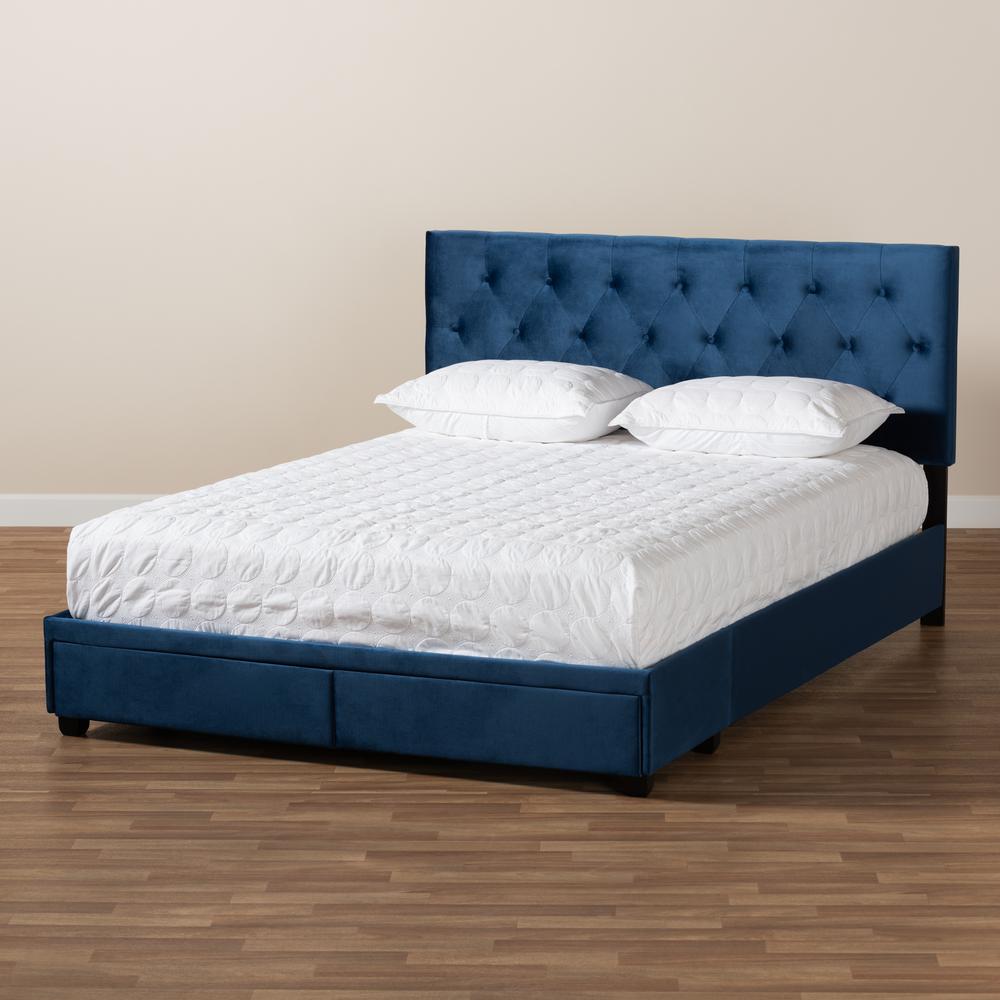 Navy Blue Velvet Fabric Upholstered 2-Drawer King Size Platform Storage Bed. Picture 22