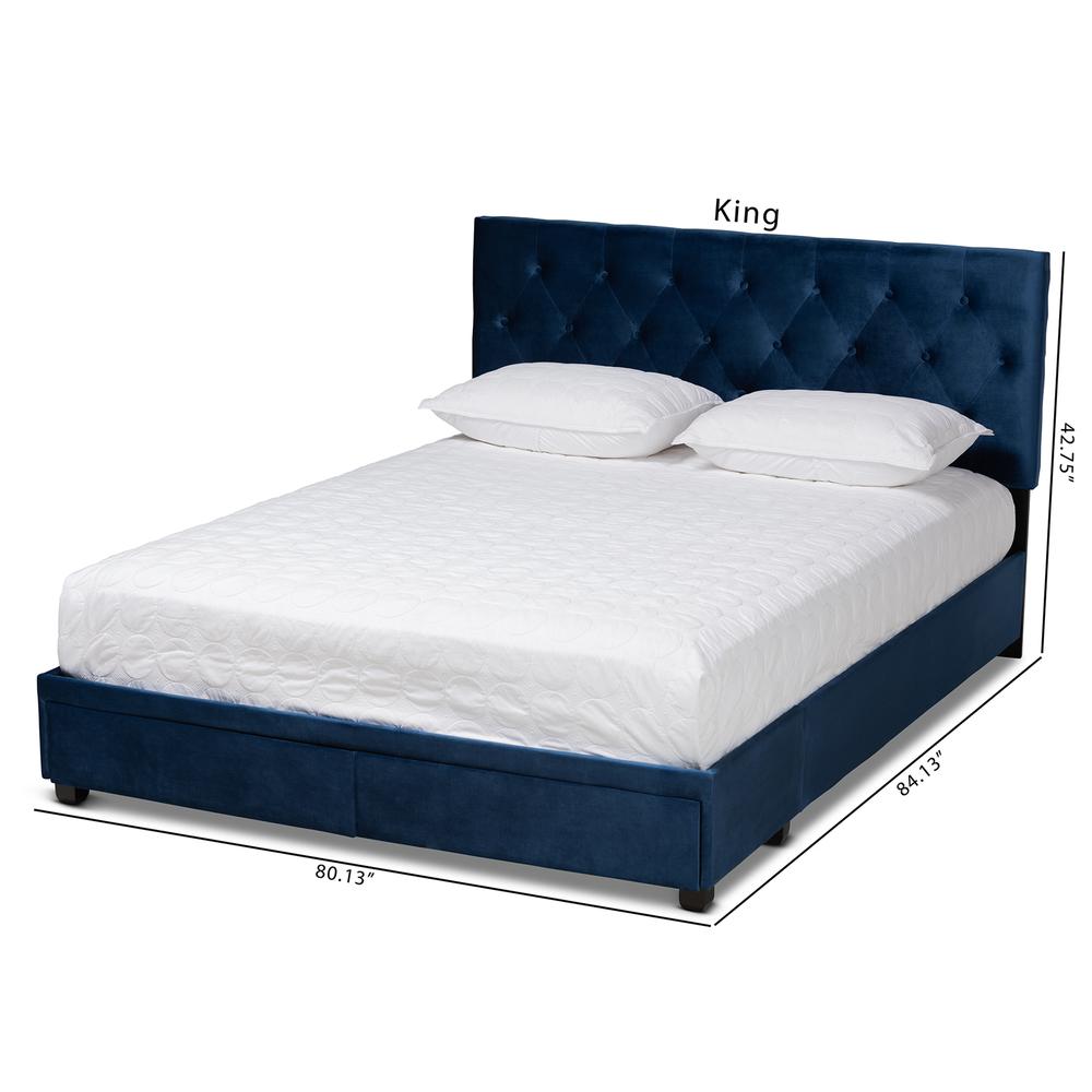 Navy Blue Velvet Fabric Upholstered 2-Drawer King Size Platform Storage Bed. Picture 24