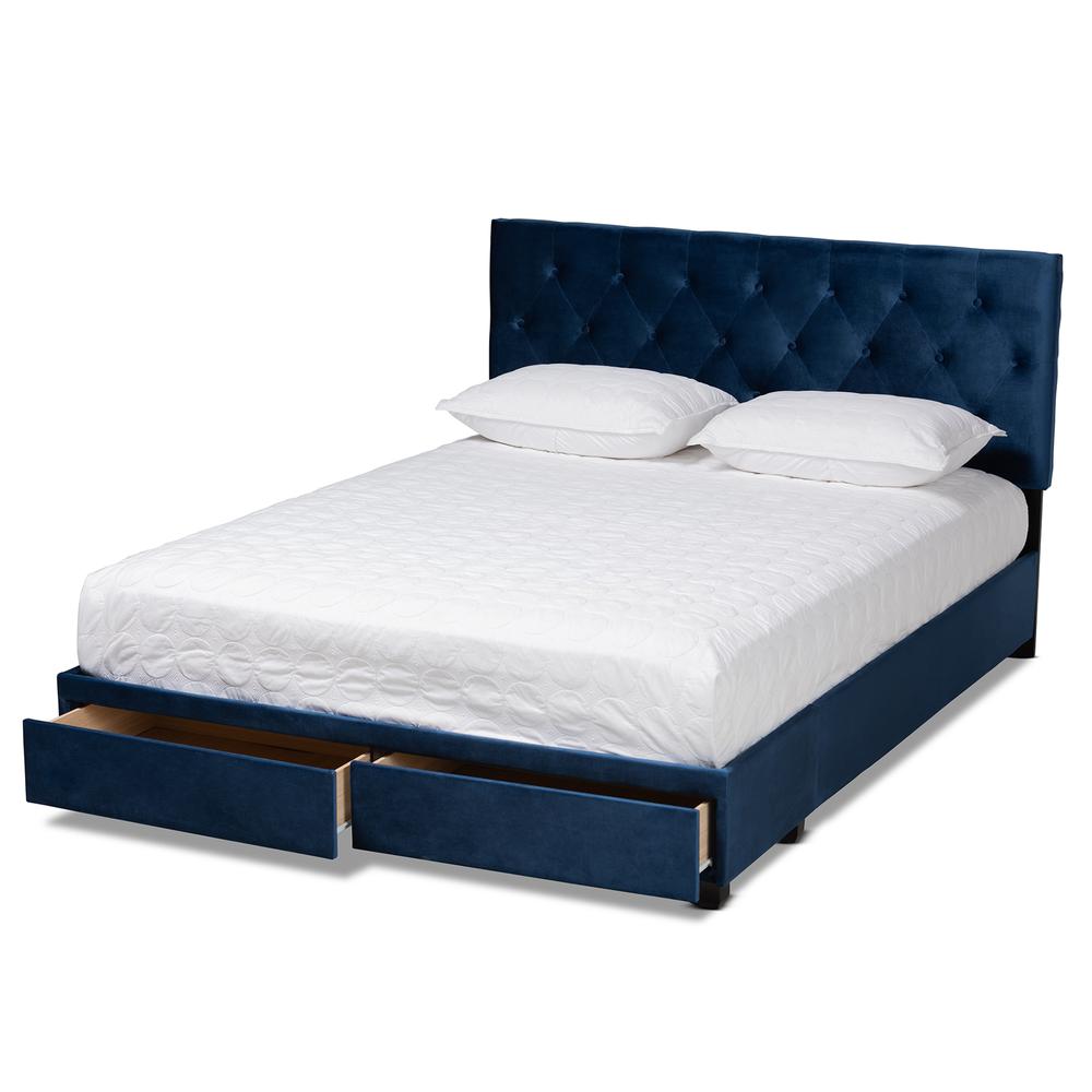 Navy Blue Velvet Fabric Upholstered 2-Drawer King Size Platform Storage Bed. Picture 14