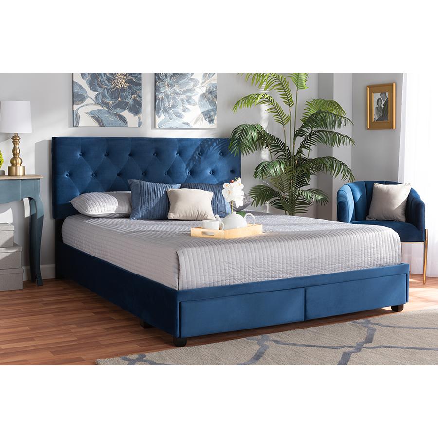 Navy Blue Velvet Fabric Upholstered 2-Drawer King Size Platform Storage Bed. Picture 8