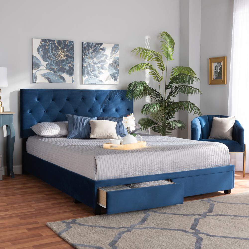 Navy Blue Velvet Fabric Upholstered 2-Drawer King Size Platform Storage Bed. Picture 21