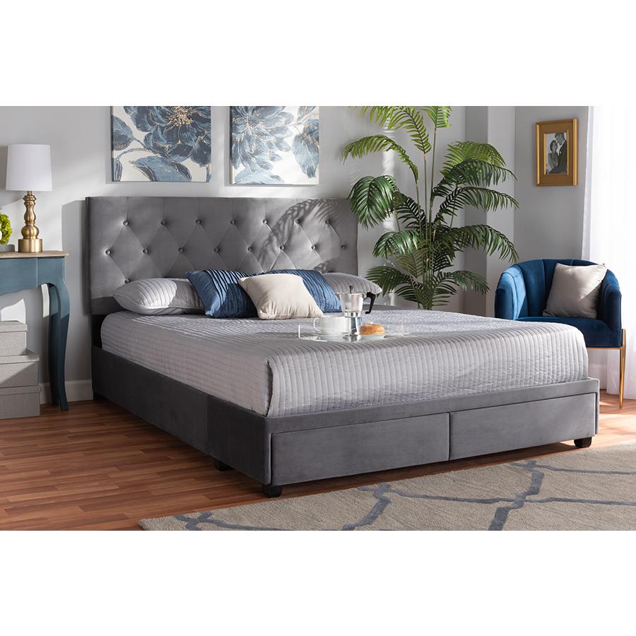 Grey Velvet Fabric Upholstered 2-Drawer King Size Platform Storage Bed. Picture 8